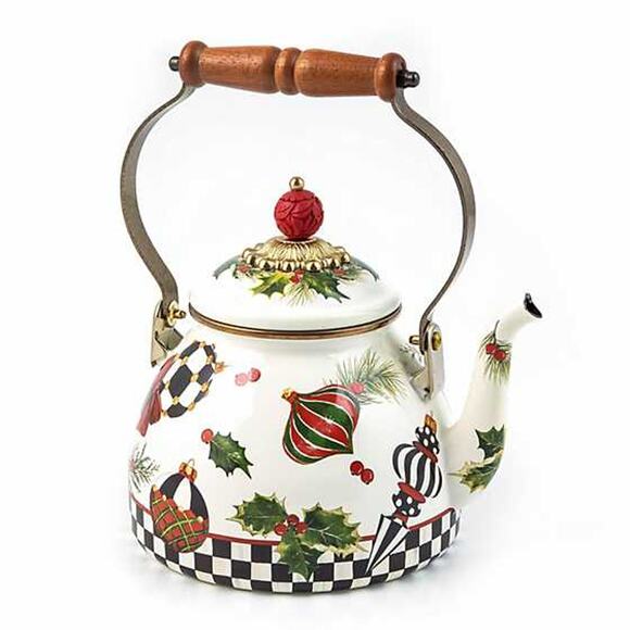MACKENZIE-CHILDS Deck the Halls 2 Quart Tea Kettle Christmas Kitchen White NEW - Picture 1 of 2
